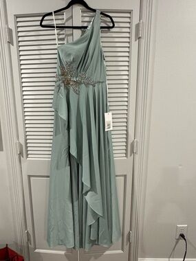 Mac Duggal Pale Sage Green Satin Evening Dress